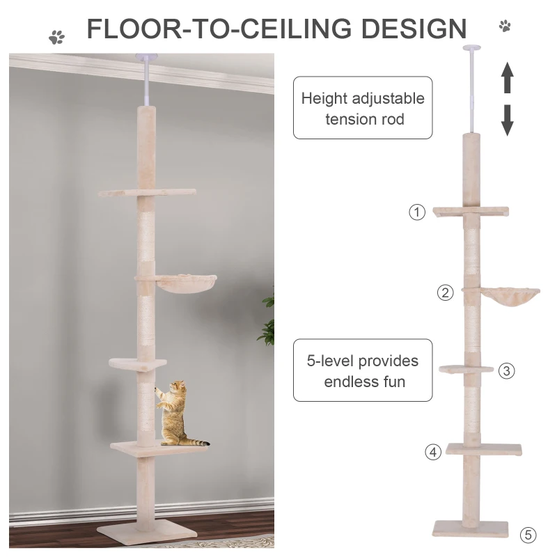 PawHut 102" Adjustable Height Floor to Ceiling Cat Tree, 5 Level Cat Tower with Scratching Posts, Hammock, Beige