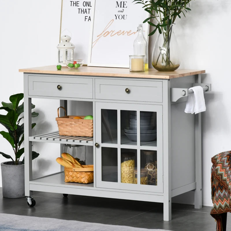 HOMCOM Kitchen Cart on Wheels, Utility Storage Island with Rubber Wood Top, Towel Rack, Cabinets, Drawers, Gray