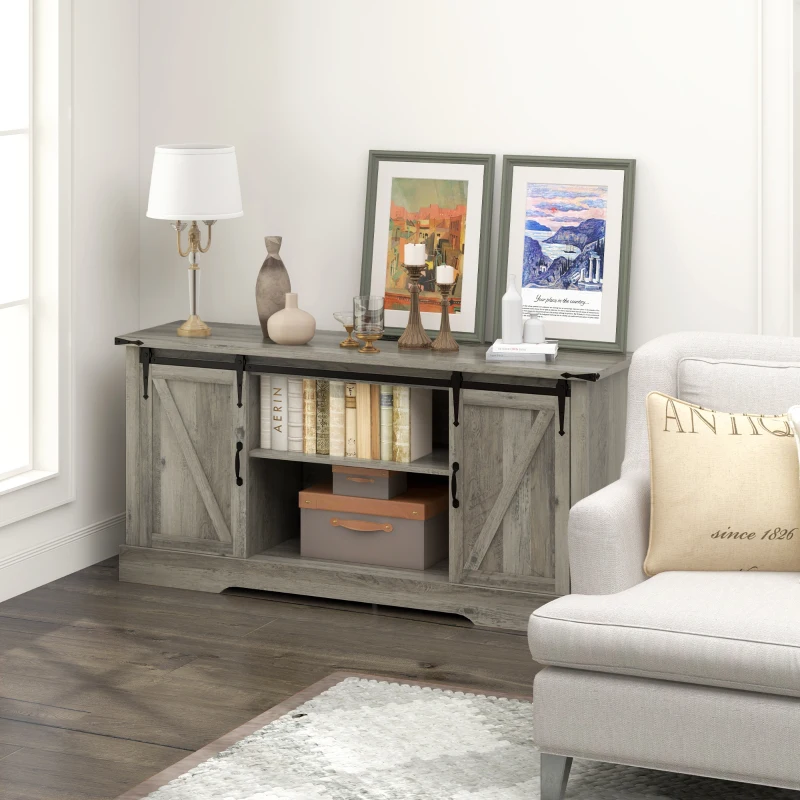 HOMCOM Sideboard with Charging Station, Farmhouse Coffee Bar Cabinet with Sliding Barn Door, TV Stand for TVs Up to 65", Gray