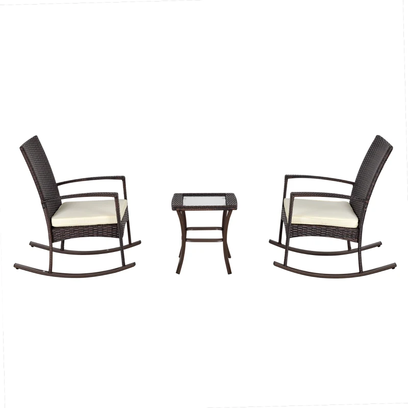 Outsunny 3 Pieces Patio Wicker Rocking Chair Set,  Outdoor PE Rattan Bistro Set Conversation Rocker Set with 2 Chairs 1 Coffee Table for Backyard, Deck, Poolside, Cream White
