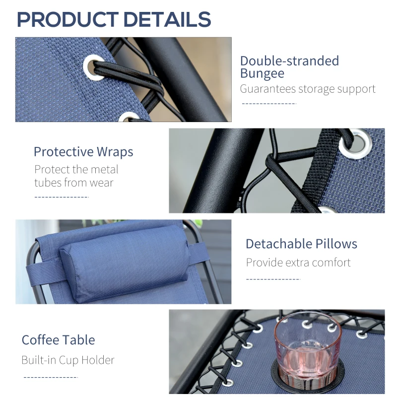 Outsunny Zero Gravity Chair Set of 2 Patio Chair with Side Table Cupholders and Pillows for Pool, Backyard, Lawn, Blue