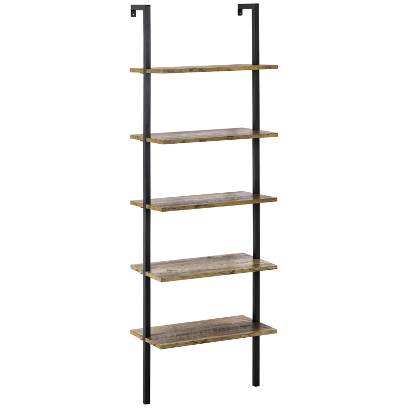 HOMCOM Industrial Wall Mounted Ladder 5-Tier Bookshelf, Brown