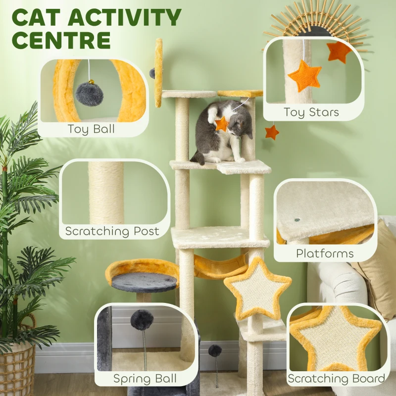 PawHut 63 Inch Moon and Star Themed Cat Tree with Scratching Post, Hammock, Condo, Bed, Scratching Board & Cat Toys, Beige