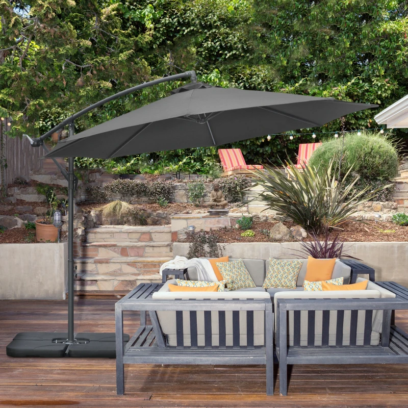 Outsunny 9.6ft Offset Patio Umbrella Garden Hanging Parasol Banana Cantilever Umbrella with Base, Crank, Black