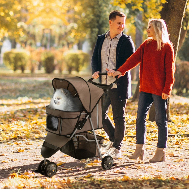 PawHut Cat Stroller, 3 Wheels Foldable Dog Stroller with Storage Basket, Brake, Adjustable Canopy, Cupholders, Pet Stroller for Miniature and Small Dogs Travel, Coffee