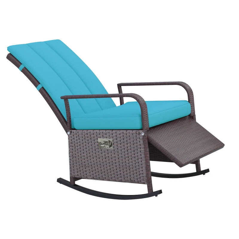 Outsunny Outdoor Wicker Rocking Chair Patio PE Rattan Recliner Chair with Cushion, Adjustable Footrest, Armrests, Turquoise