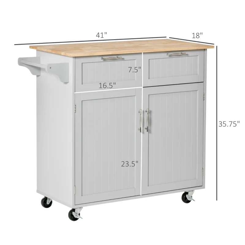HOMCOM 41" Modern Rolling Kitchen Island on Wheels, Utility Cart Storage Trolley with Rubberwood Top & Drawers, Gray