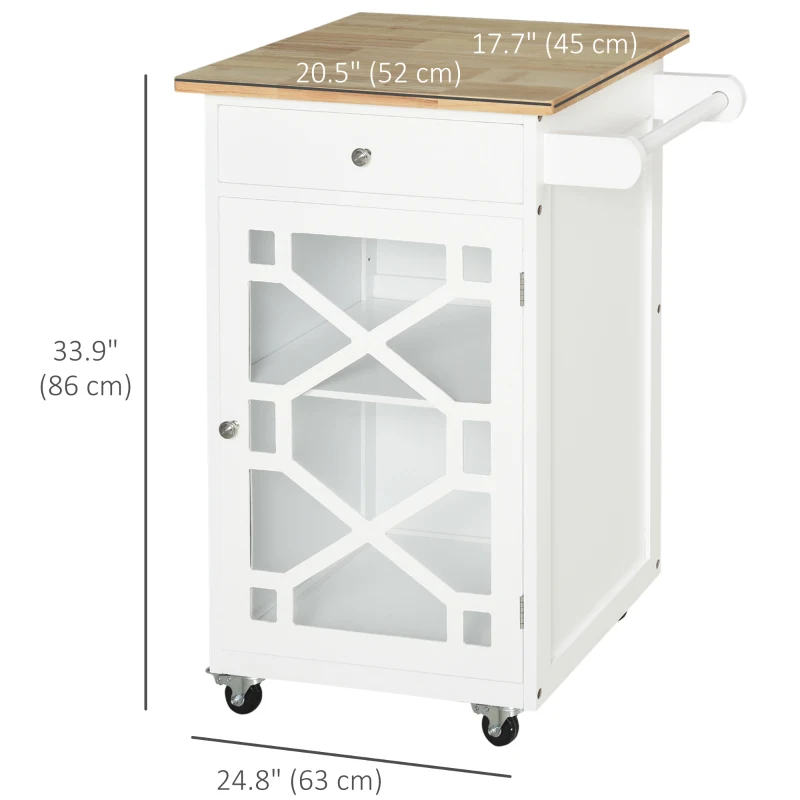 HOMCOM Kitchen Cart on Wheels, Rolling Kitchen Island with Drawer, Glass Door, Towel Rack and Adjustable Shelf, White
