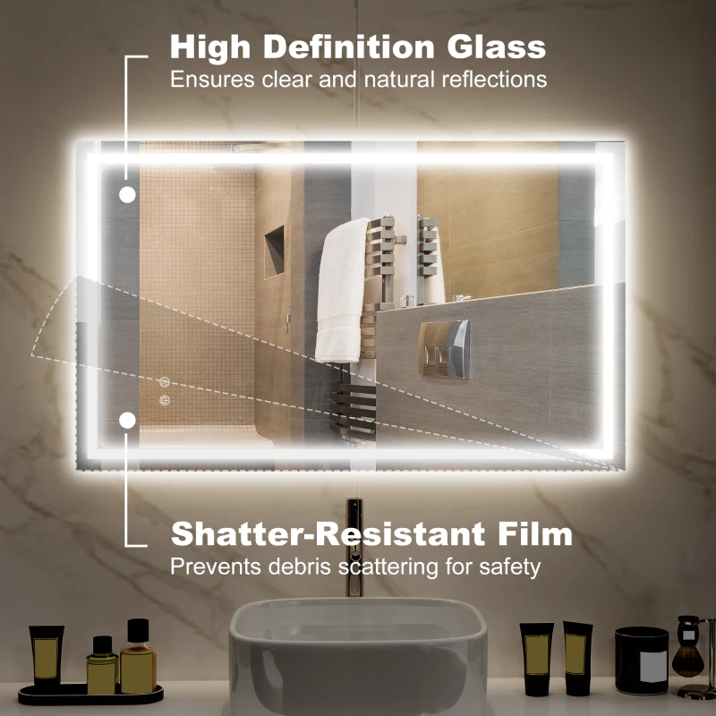 HOMCOM 39" x 24" Bathroom Mirror with LED Lights, Wall Mounted Vanity Mirror with Anti-Fog Pad and Touch Button, Clear