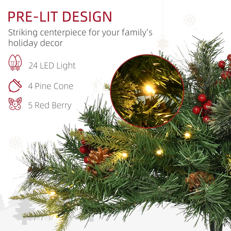 HOMCOM 2 Ft/22 inch 2 Pack Prelit Artificial Christmas Tree Cordless with 69 Branches, Warm White LED Lights, Red Berries, Pine Cones, for Outdoor Entryway, Green