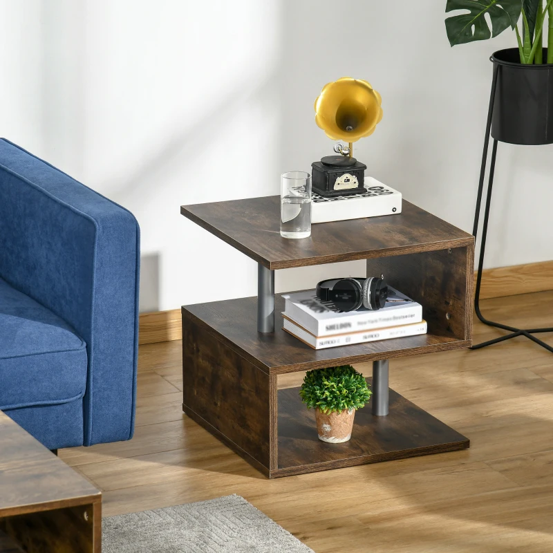 HOMCOM 3 Tier S-Shaped Side Table, Industrial End Table, Small Coffee Table with Open Storage Shelf for Living Room