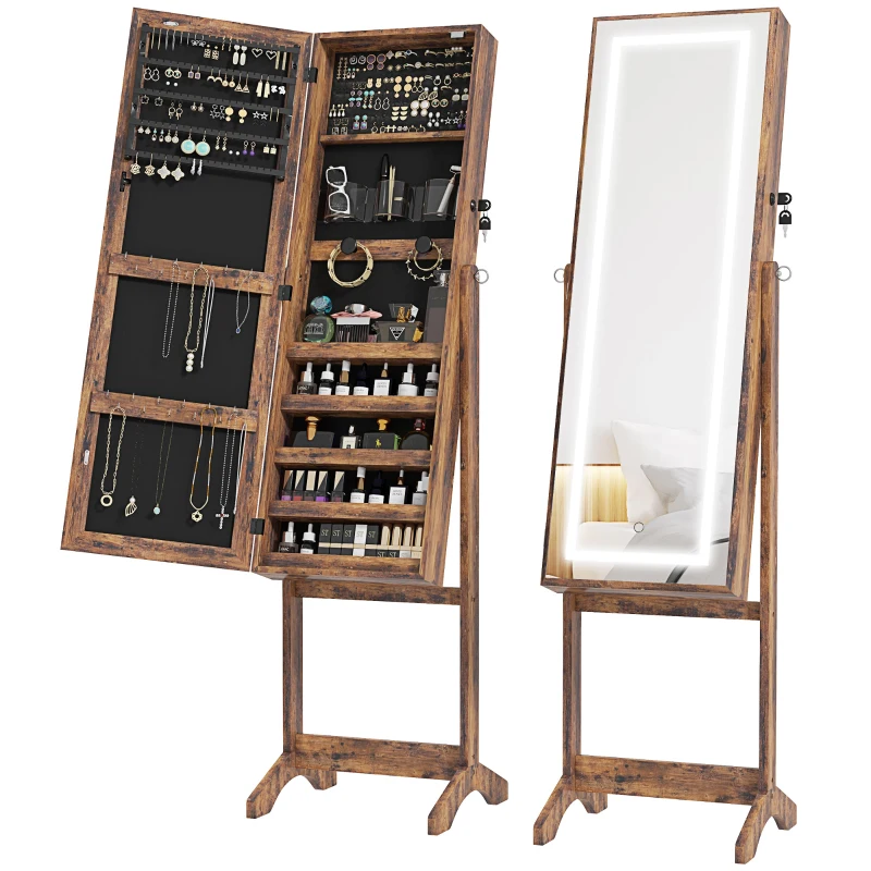 HOMCOM Lockable Jewellery Armoire with LED Light, Standing Mirror with Storage for Bedroom Dressing Room, Rustic Brown