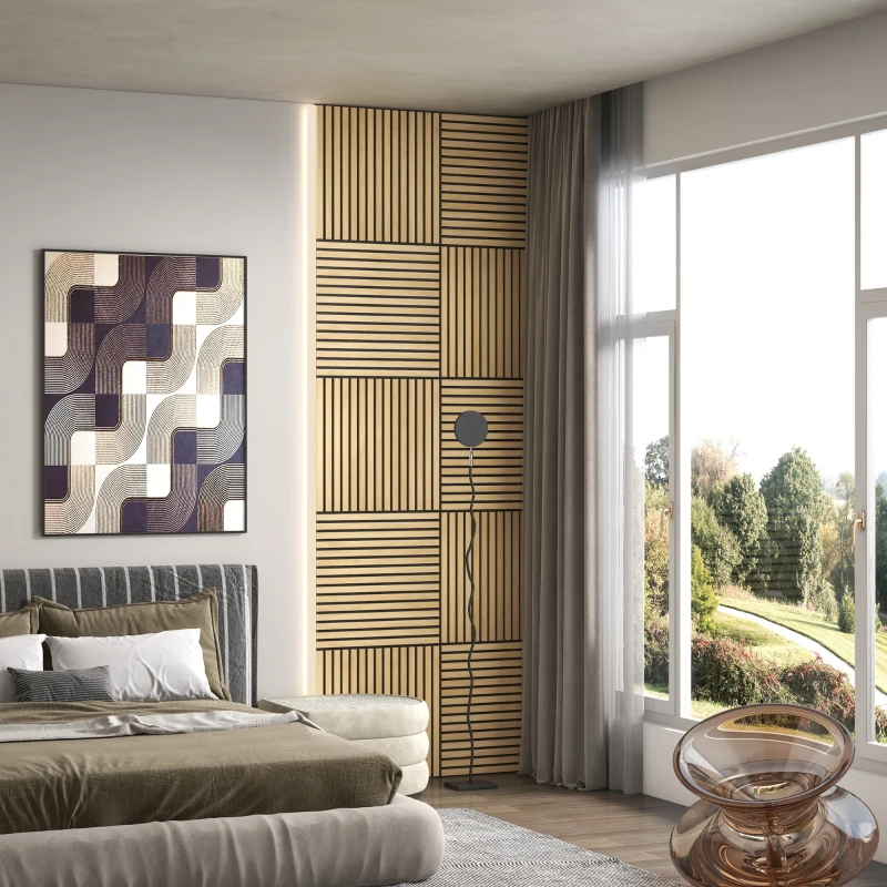 HOMCOM 24"x24" Wood Panels for Wall, 4 Pack Acoustic Panels, Sound Absorbing Slat Wall For Interior Wall Decor, Home, Oak