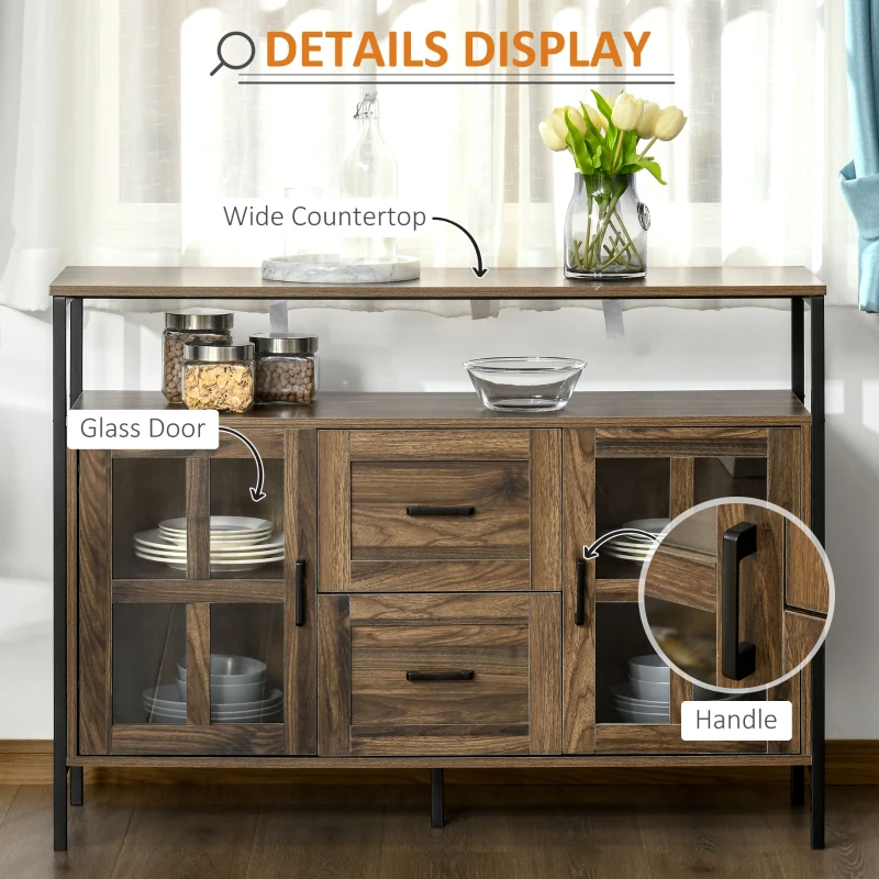 HOMCOM Industrial Sideboard Buffet Cabinet, Coffee Bar Cabinet with Adjustable Shelves, Glass Doors, and 2 Drawers for Kitchen, Living Room, Brown