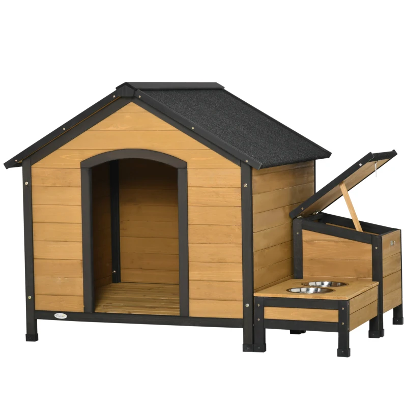 PawHut Wooden Dog House Outdoor, Cabin Style Raised Pet Home Cottage, with Bowls, Weather Resistant Roof, Storage Box, for Medium Sized Dog, Natural Wood