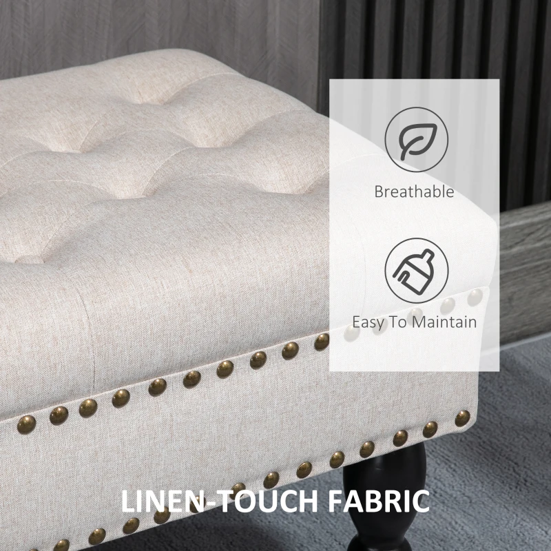 HOMCOM Mobile End of Bed Bench, Upholstered Bedroom Entryway Bench with Button-Tufted, Accent Ottoman with Nailhead Trim and Wheels, Beige