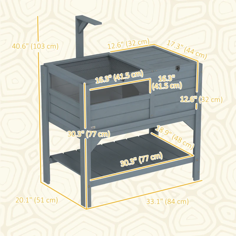 PawHut Wooden Tortoise House Habitat with Shelf, Light Support Frame, Tray for Indoor Use, 33" L x 20" W x 41" H