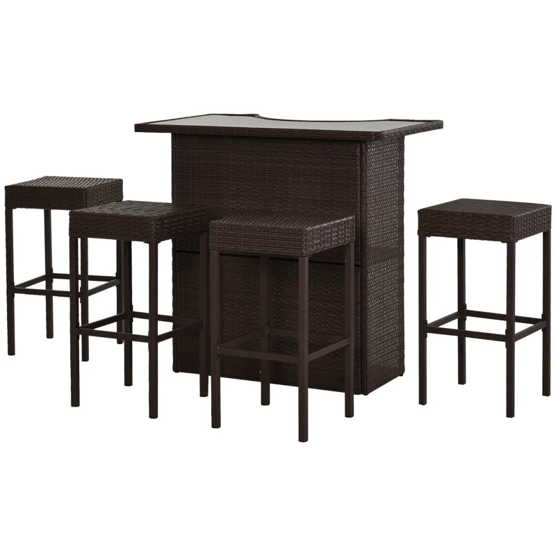 Outsunny 5 Pieces Patio Bar Set, Outdoor PE Rattan Wicker High Top Outdoor Table and Chairs Outdoor Bar Set with Tempered Glass Top Bar Table and Shelves, 4 Bar Chairs, Dark Brown