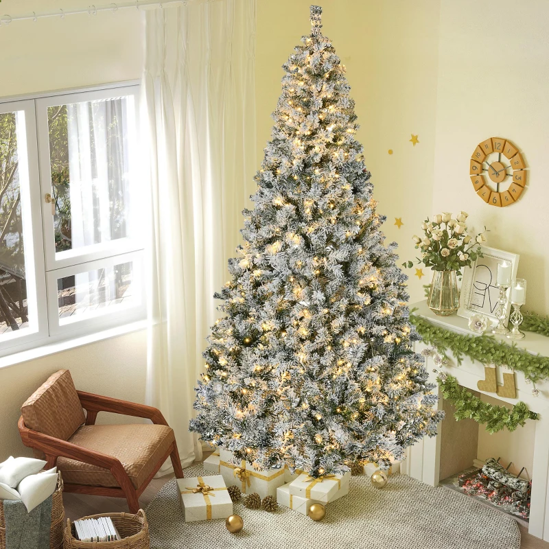 HOMCOM 9' Prelit Artificial Flocked Christmas Trees, with Snow Frosted Branches, Warm White LED Lights, Auto Open