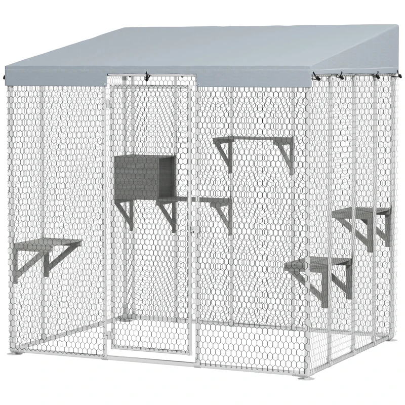PawHut 79" L Galvanized Steel Catio Outdoor Cat Enclosure w/ 420D Waterproof Canopy, Multiple Platforms, Resting Condo, Silver