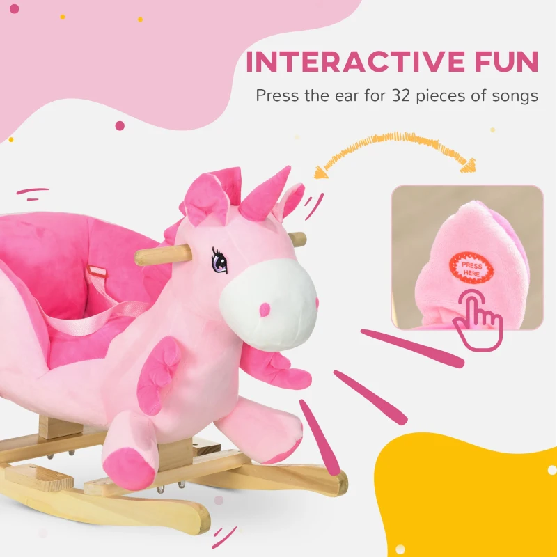 Qaba Baby Rocking Horse Ride On Unicorn with 32 Songs, Seatbelt, Pink