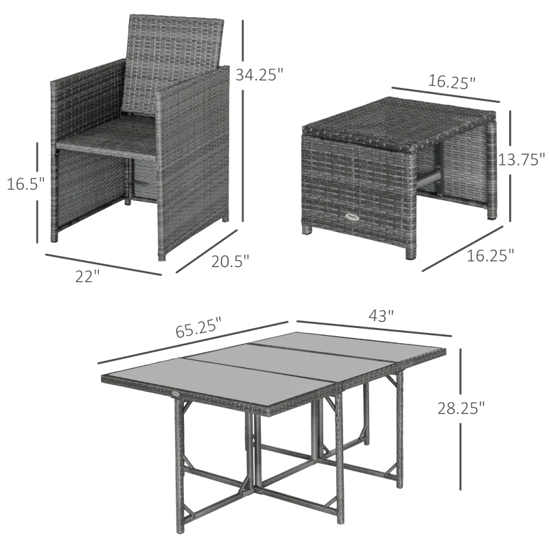 Outsunny 11 Pieces Outdoor Dining Set for 10, Space Saving Wicker Chairs and Glass Table with Cushions and Ottomans, Rattan Conversation Patio Furniture Set for Garden Backyard Deck, Dark Gray