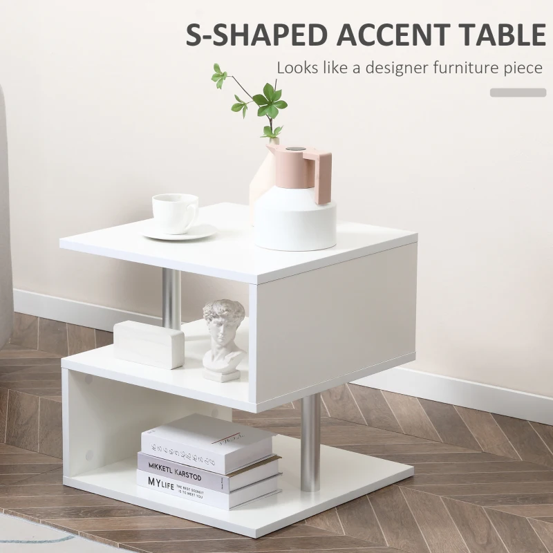 HOMCOM Wooden S Shape End Table 3 Tier Storage Shelves Organizer Living Room Side Table Desk White