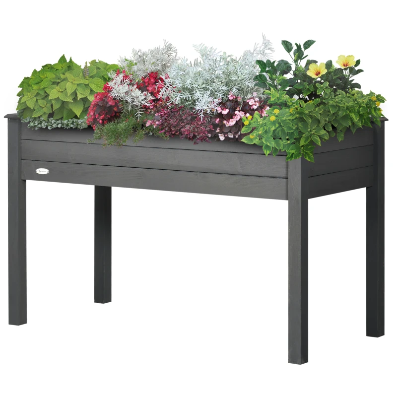 Outsunny 48" Raised Garden Bed, Elevated Wooden Planter Box with Holes for Vegetables, Herb, Flowers for Backyard, Dark Gray