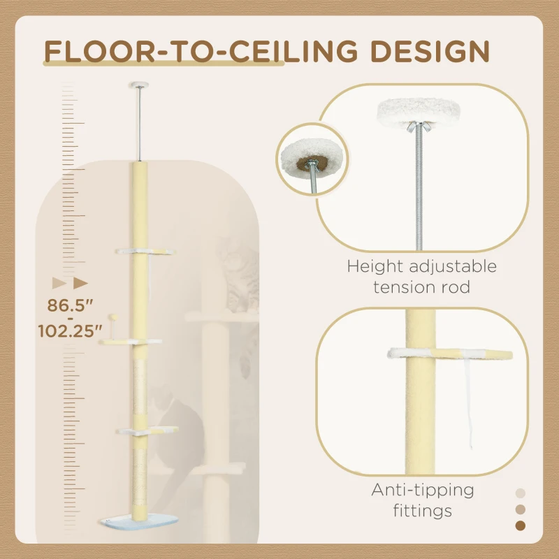 PawHut 4-Tier Floor to Ceiling Cat Tree Height Adjustable 87 -103 Inch