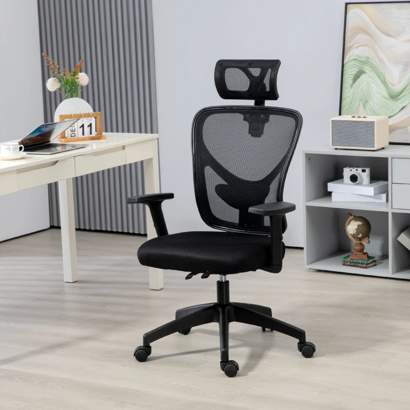 Vinsetto Ergonomic Office Chair, Mesh Desk Chair with Adjustable Headrest, Reclining Backrest, Swivel Wheels, Black