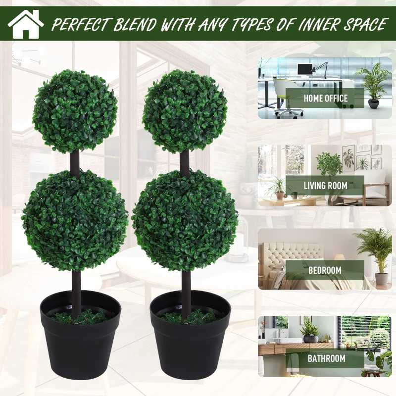 Outsunny 2 Ball Topiary Tree in Pot for Home Decor, Artificial Plant for Home Office, Living Room Decor, Dark Green