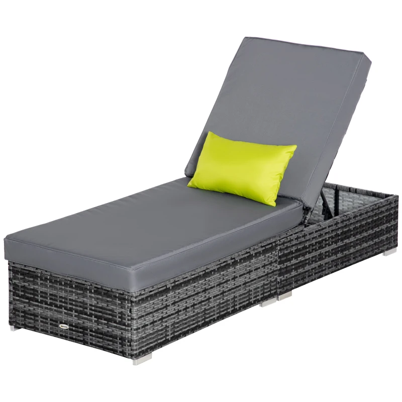 Outsunny Patio Wicker Lounger, Outdoor PE Rattan Single Chaise Lounge w/Adjustable Recliner Backrest, Cushion, & Pillow, Grey