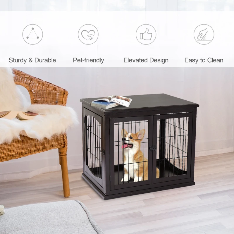 PawHut Dog Crate Furniture, 32" Small Dog Cage End Table with 2 Doors, Lockable Door, Puppy Kennel Indoor, Coffee