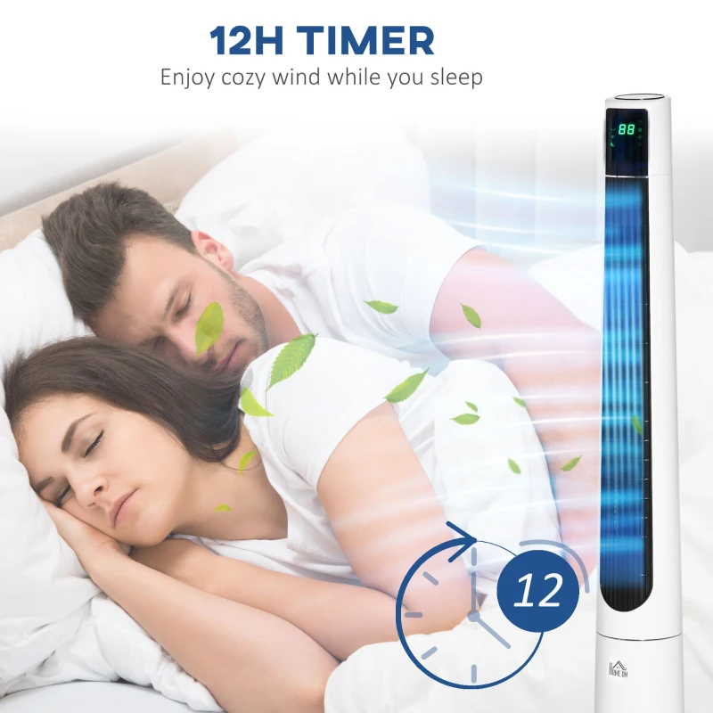 HOMCOM 38 Inch Tower Fan for Bedroom Cooling, 70°Oscillating Fan with 3 Speeds, 12H Timer, and Remote Control, Standing Floor Fan for Home Office, White