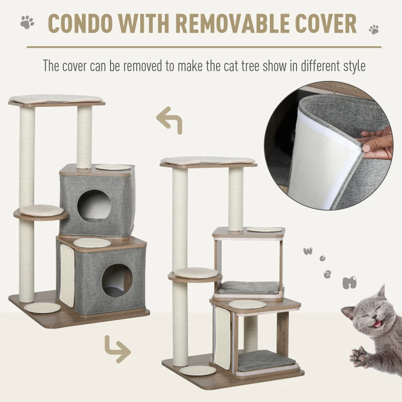 PawHut 44" H Feline Cat Tower Tree House with Sisal Scratching Posts, Soft Relaxing Cushions, & Many Perches/Condos