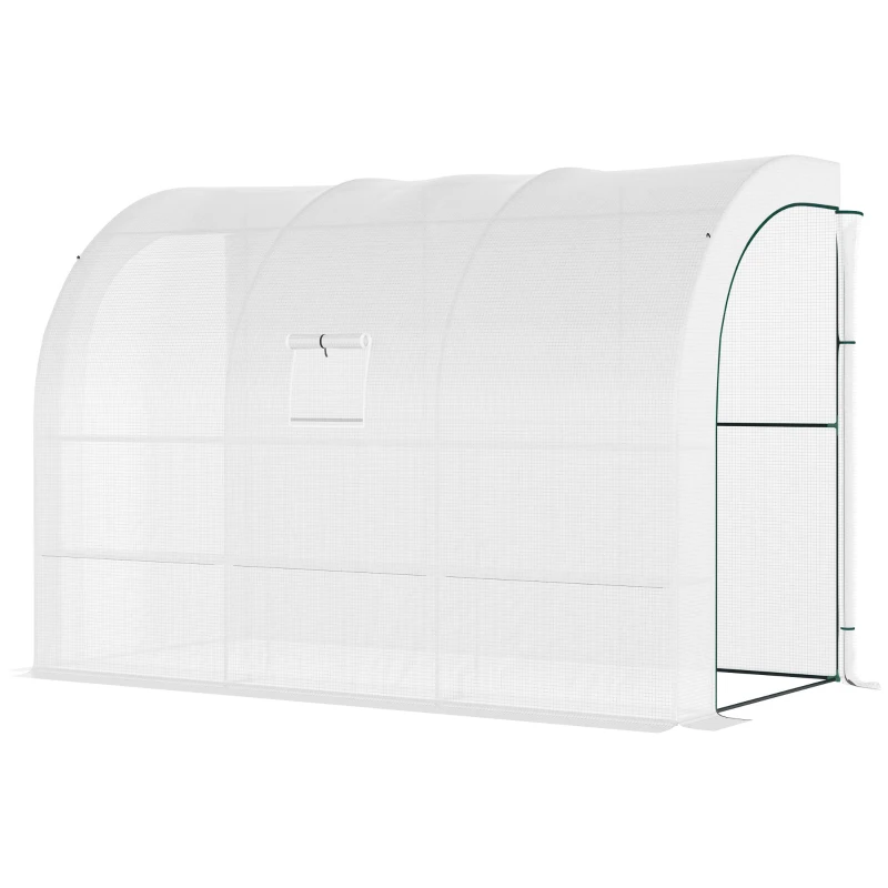 Outsunny Walk-in Wall Lean-to Greenhouse, 10' x 5' x 7' Outdoor Gardening Green House with PE Cover, Windows, Shelves and 2 Zipper Doors, White