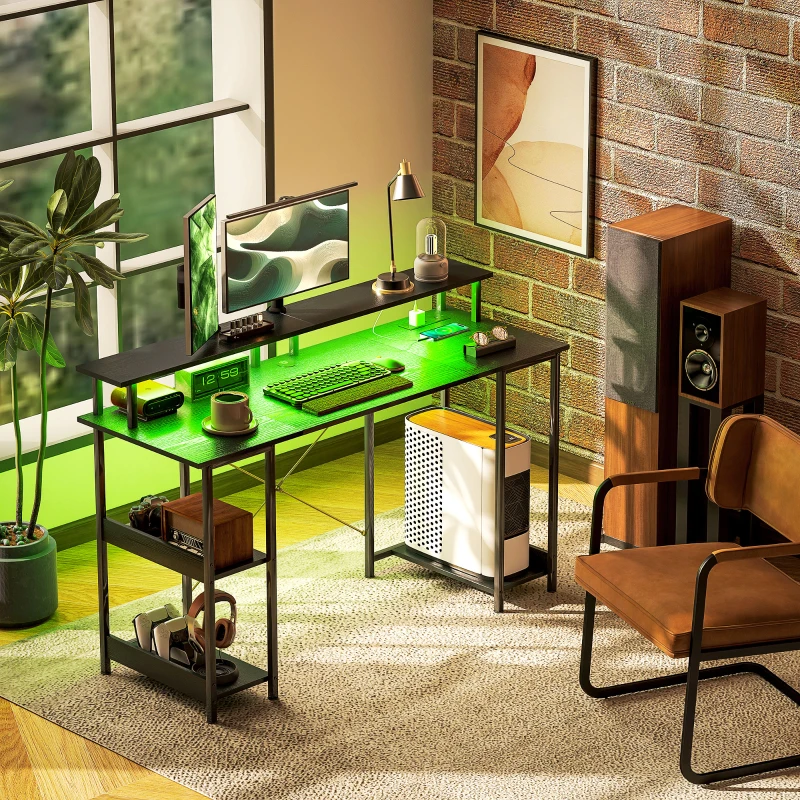 HOMCOM Computer Desk with Storage, 55" Reversible Computer Table with Power Outlets and LED Lights, Distressed Black