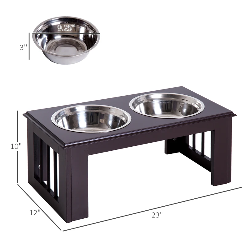 PawHut 10" Height Dog Feeding Station for Messy Pets, Stainless Steel Elevated Dog Bowls with Modern Wooden Frame, Dog Food Stand Pet Feeding Station, Dark Brown