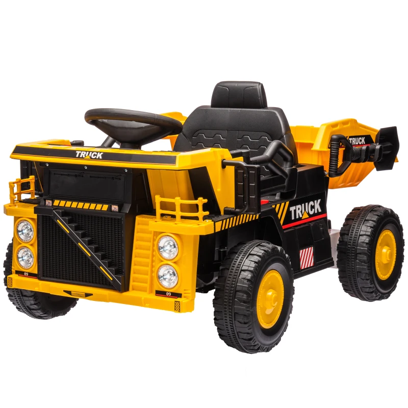 Qaba 12V Kids Ride on Dump Truck, Electric UTV w/ Electric Dump Bed, Shovel Spring Suspension & Music Player