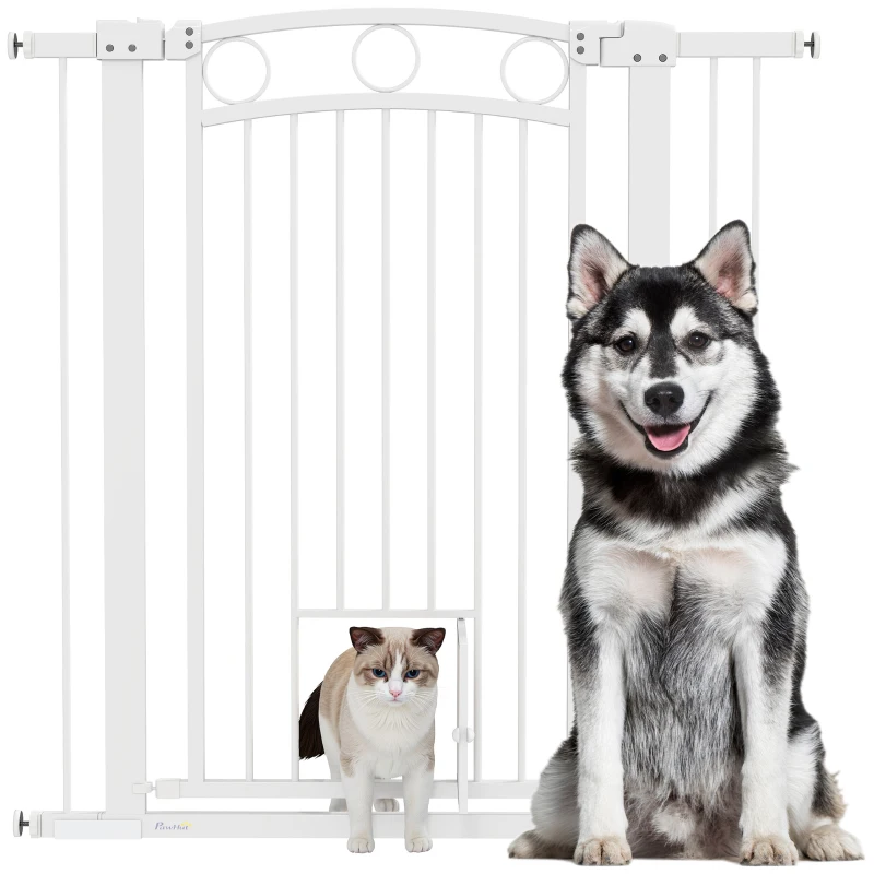 PawHut 42" Extra Tall Dog Gate w/ Cat Door, 2 Extension Kits, for Doorways, Hallways, Stairways, 30"-41" Width