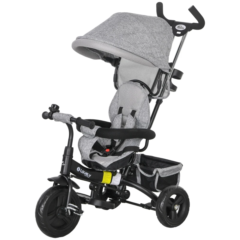 Qaba 6 in 1 Toddler Tricycle Stroller with Basket, Canopy, 5-point Safety Harness, for 12-60 Months, Grey