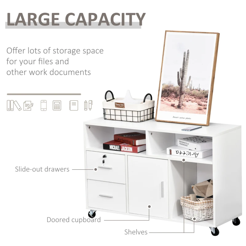 HOMCOM Printer Stand Home Office Mobile Storage Cabinet Organizer Desktop with Caster Wheels, 2 Locking Breaks and Drawer, White