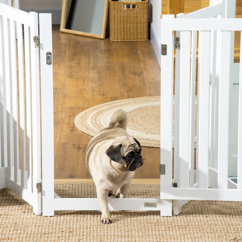 PawHut 31.5"H Foldable Dog Gate with Door, 3 Panels Freestanding Pet Gate Barriers Indoor with Support Feet, Puppy Fence for Small Medium Dogs, White