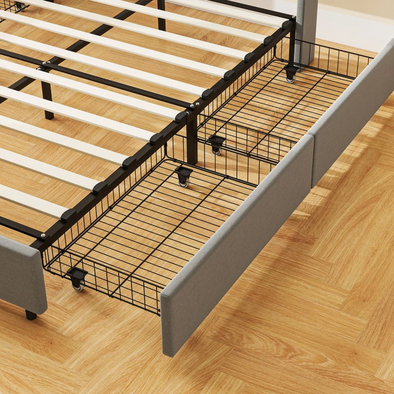 HOMCOM Full Bed Frame with Storage Drawers, Full Size Bed Base with Headboard, Wood Slats, Noise-Free, Light Gray