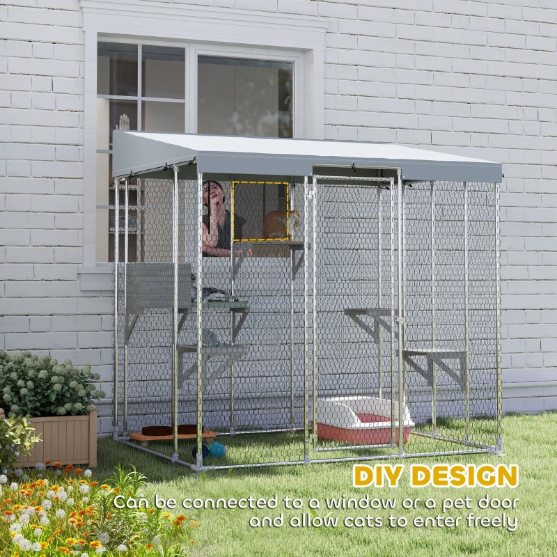 PawHut 79" L Galvanized Steel Catio Outdoor Cat Enclosure w/ 420D Waterproof Canopy, Multiple Platforms, Resting Condo, Silver