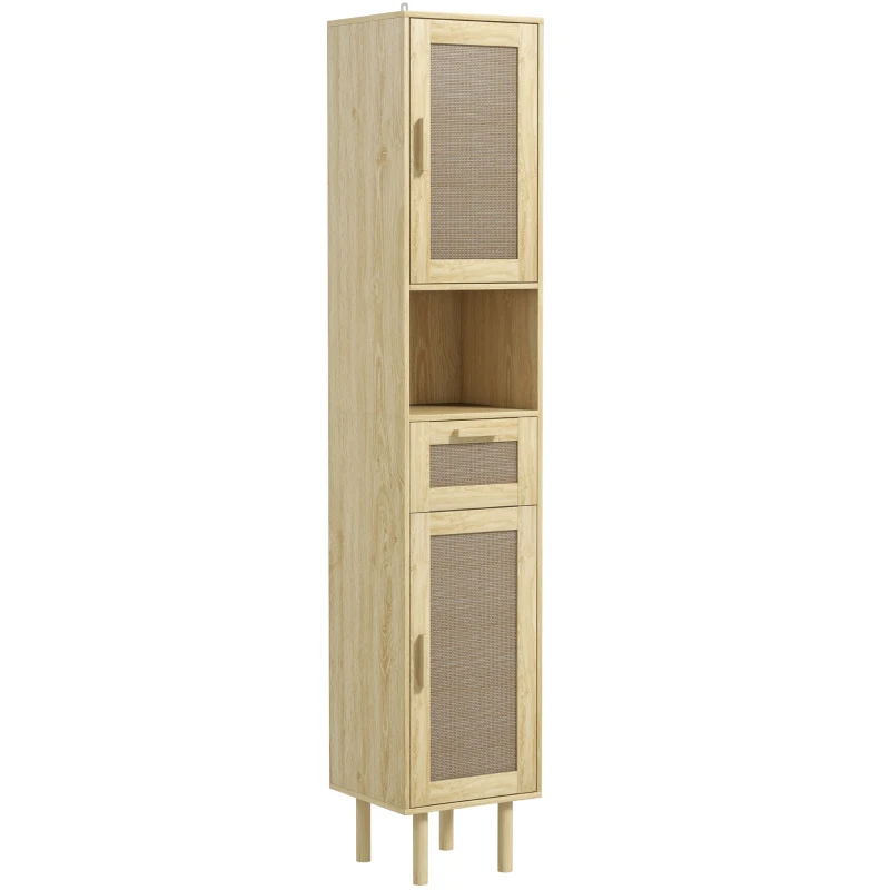 HOMCOM Tall Bathroom Cabinet with Rattan Doors, Freestanding Bathroom Storage Cabinet with Adjustable Shelves, Distressed Oak