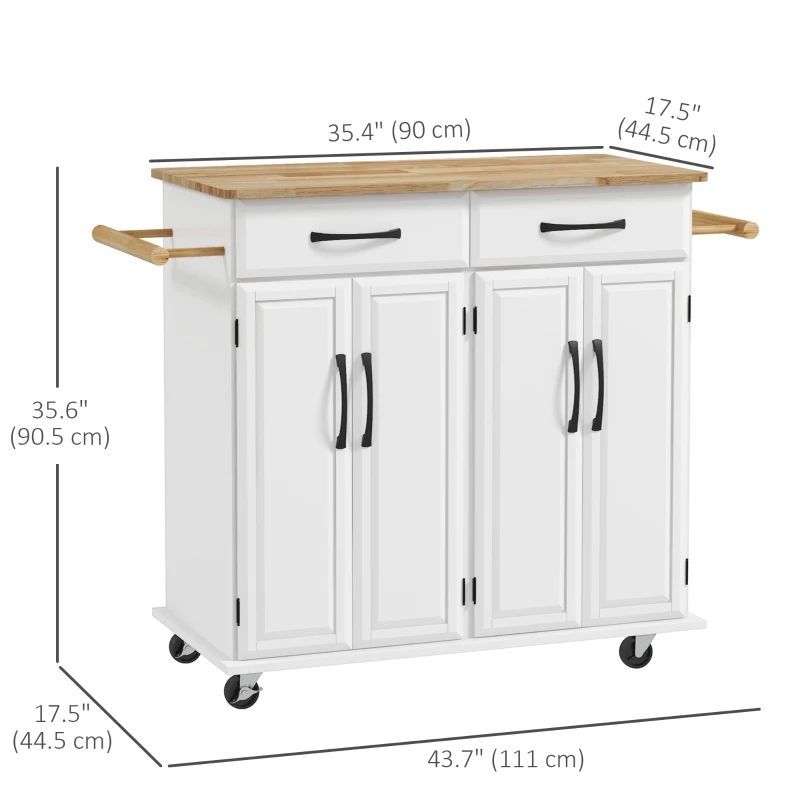 HOMCOM Kitchen Island on Wheels with Rubberwood Top, Rolling Kitchen Cart with 2 Drawers, 4 Doors and Adjustable Shelves