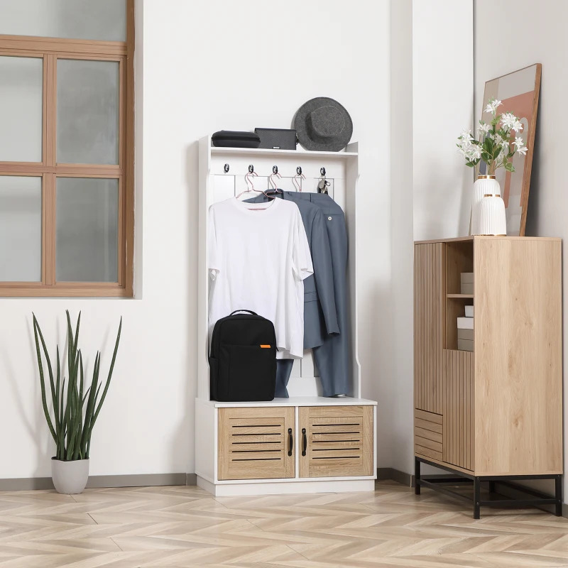 HOMCOM Modern Hall Tree, Entryway Coat Rack with Shoe Bench, 5 Hooks, Storage Shelf and Slatted Door Cabinet for Hallway, White