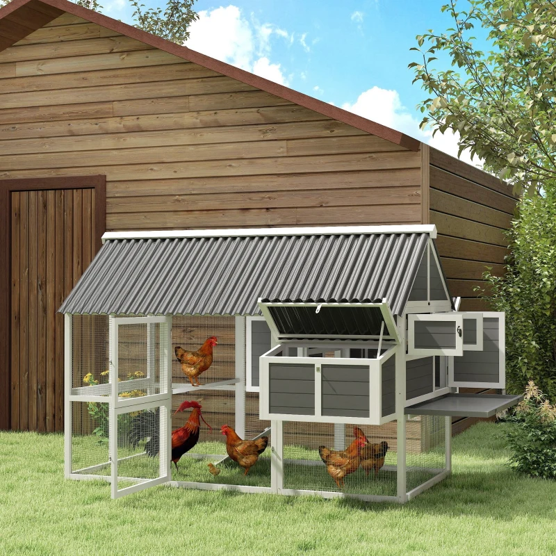 PawHut Wooden Chicken Coop with Run, 2 Nesting Boxes, 2 Roosting Bars, Ramp & Tray, Poultry Cage for 6-8 Chickens, Gray