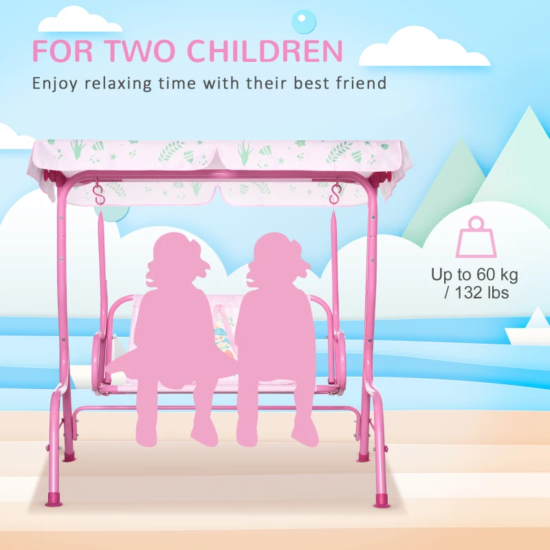 Outsunny 2-Seat Kids Porch Swing Chair, Children Outdoor Patio Furniture Lounge Chair for Garden, with Adjustable Canopy, Seat Belt, Mermaid Pattern, for 3-6 Years Old, Pink
